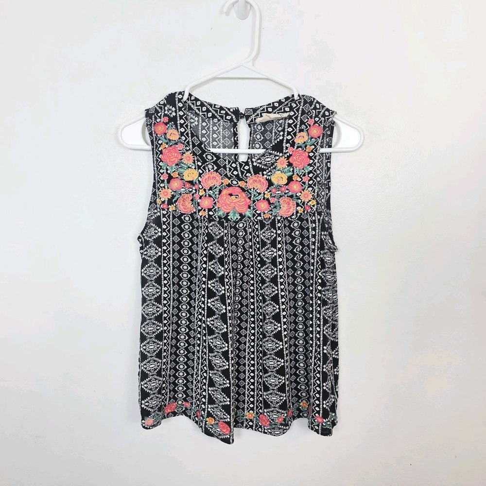 Savanna Jane Black White Colorful Floral Embroidered Sleeveless Artsy Top Size S